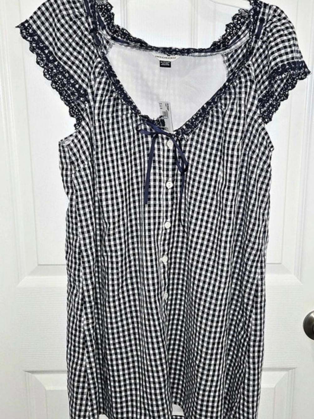 American Eagle Outfitters Gingham Lace Trim Mini Dress Black & White Size XS NWT